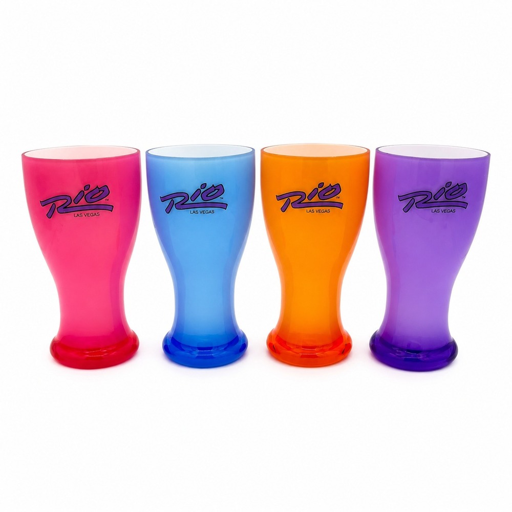 Rio Las Vegas Casino Frosted Plastic Glasses Set Pink Blue Orange Purple Barware
